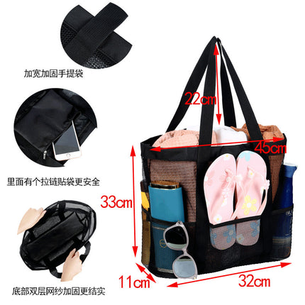 Hollow Beach Bag Shoulder Portable Mesh Bath Fitness Swimming Bath Bag 8 Pocket Cosmetics Storage Beach Bag