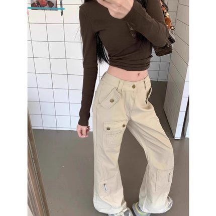 American-style micro-pants overalls women's 2025 spring and autumn new high waist slimming multi-pocket non-leg mop jeans trendy