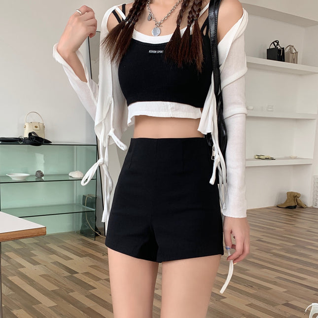 Small Wide Leg Shorts Thin High Waist Suit Shorts Women's Slimming Casual Anti-walking Light Size Black Autumn