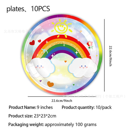 Cross-border Rainbow Party Paper Plate Paper Towel Tablecloth Neon Party Tableware suit Rainbow Birthday Party Decorations