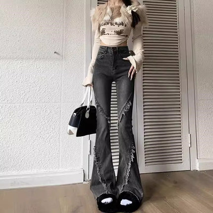 Black Grey Micro-Lazar Jeans Women's Fashion All-match New High Waist Slim-looking Fur-edge Design Sense Horseshoe Trumpet Pants