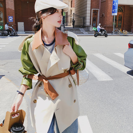 This year's popular pu leather stitching trench coat coat women's spring and autumn high-end Korean style mid-length casual coat