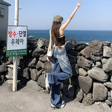 Vintage Blue Narrow Wide-Leg Jeans for Women 2025 Summer New High-Waisted Loose Slimming Draped Straight-Leg Floor-Length Pants