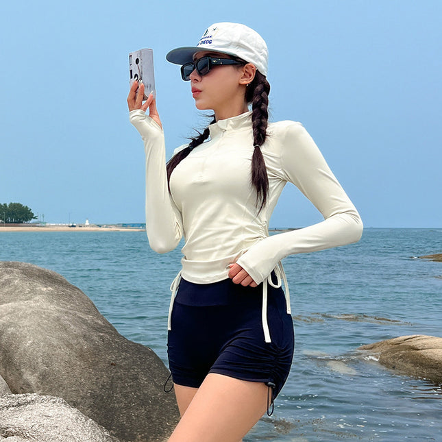 South Korea Long-sleeved Swimsuit Sunscreen Sporty Instagram Style Conservative Split Flat Corner Belly Covering Slimming 2025 Cross-border Swimsuit