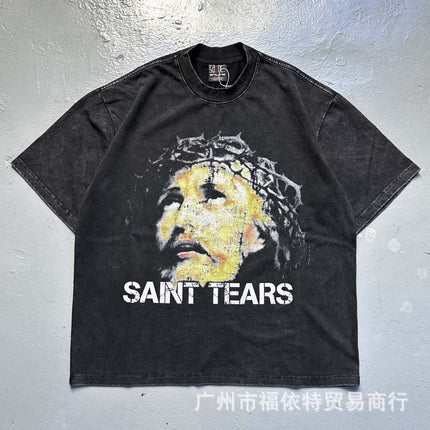 Saint Michael Cho Big Face European and American Retro Washed and Distressed Commemorative Portrait Short-Sleeved T-Shirt Trendy