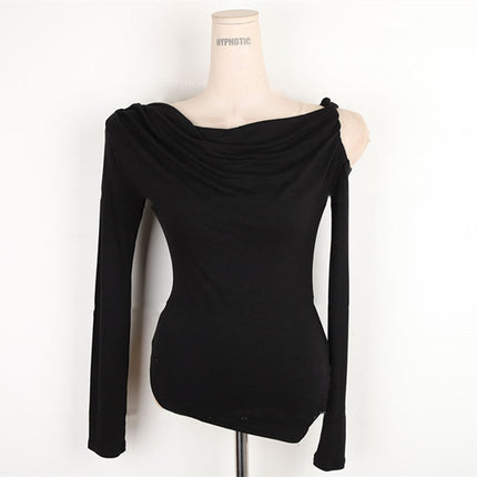 South Korea Dongdaemun Spring and Summer New Temperament Irregular Design Hollow Shoulder Slim Figure Long Sleeve T-shirt
