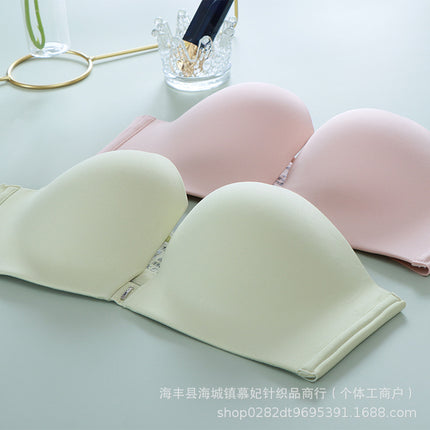 Maiman Mm30 Strapless Bra for Women, Bandeau Style, Push-Up Cup, Wireless, Detachable Bra, Seamless, Anti-Sagging, Nude Feel