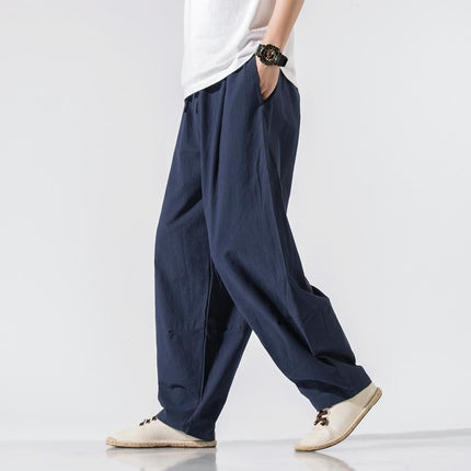 Pendant Wide-leg Pants Men's Loose Straight Linen Pants Chinese Style Spring and Summer Linen Bloomers for Fatty Men Cotton and Linen Casual Pants