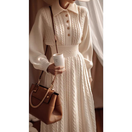 New Stylish White Cable Knit Dress for Women 2025 Autumn and Winter New Trendy Waist-Cinching Slimming Sweater Dress