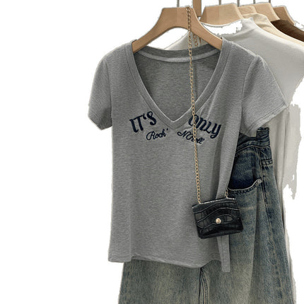 Affordable Women's Age-Reducing Letter Printed Short-Sleeved T-Shirt for Women 2025 New Style Fashionable Right Shoulder Single Top