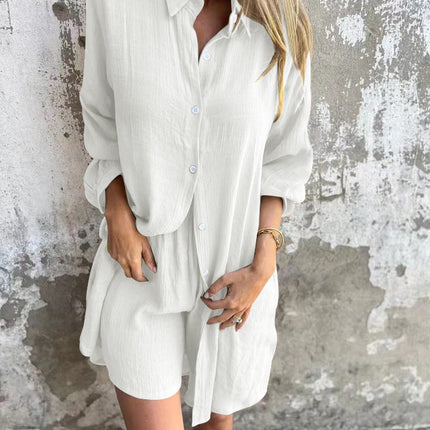 2025 cross-border Europe and America Amazon new women's casual solid color cotton and linen shorts long sleeve wrinkled cloth shirt two-piece set