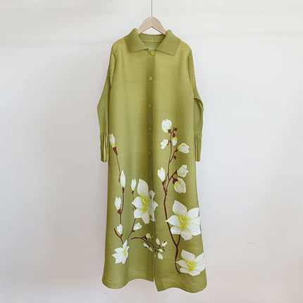 Dress Plus Size Pleated Women's New Style Printed Elegant Loose Slimming Mid-Length Single-Breasted Dress