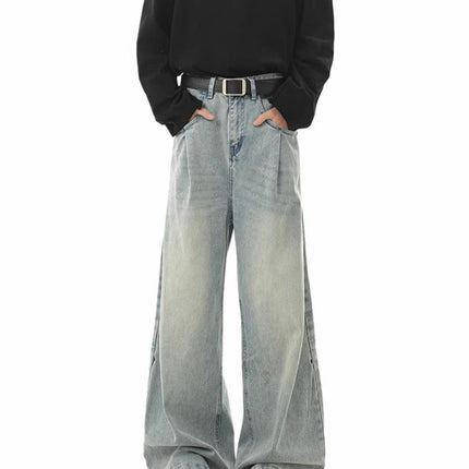 American-Style Drapey Wide-Leg Jeans for Men, Spring and Autumn Straight Loose Scimitar Pants, High Street Clean Fit Pants for Men