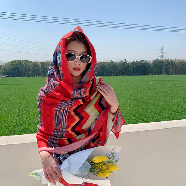 Retro Ethnic Style Travel Silk Scarf Summer Seaside Sunscreen Beach Towel Lightweight Cotton and Linen Handfeel Decorative Shawl Women