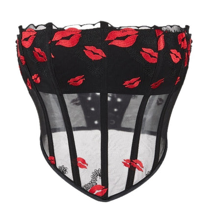 New Mesh Red Lip Print Pattern Women's Tube Top Breathable Palace Top Aliexpress Cross-Border Supply