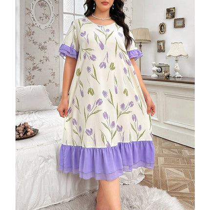 Loose Large Size Nightgown Women's Spring and Summer New European and American-style High-end Sweet Color dress Home Clothes Pajamas