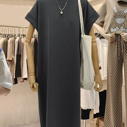 plus size Short-sleeved Cotton Mid-length Dress Women's 2025 Summer New All-match Loose Long Dress Flying Sleeve Split dress