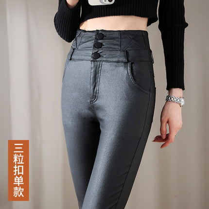 Women's Popular Outer Wear Plus Velvet Leather Pants 2025 Autum New High-Waist Slimming Look Thickeneded Fashionable Matte Coated Pants for Women