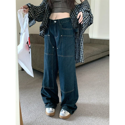 American Style Retro Open Line Color Contrast Large Pocket Loose Wide Leg Denim Pants