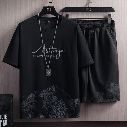 New Quick-drying Ice Silk Gradient suit Men's Short-sleeved T-shirt Summer Casual Shorts Sports Two-piece Handsome Men's Wear