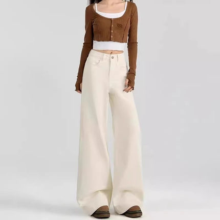 plus size creamy-white Micro-Lare Jeans Women's Trendy All-Match Stretch Slim-Fit High-Waist Slim Look Slim-Straight Wide-Leg Trousers
