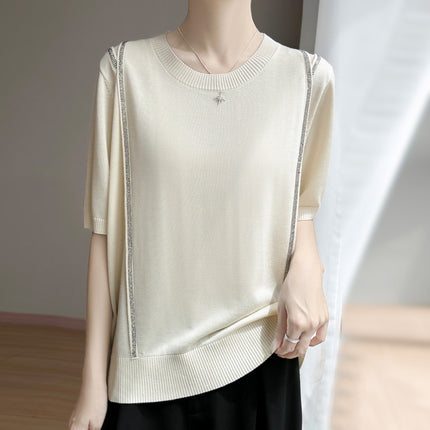 Breathable Tencel 26 New Summer Women's Round Neck Short Fashion T-Shirt Thin Base Shirt with Rhinestones Short Sleeve Top