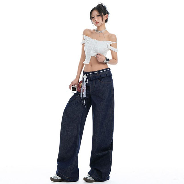Spring 2025 New Arrival Ear-rimmed Double Waist American Style Spice Scimitar Pants Design Washed Slim Look Jeans Women