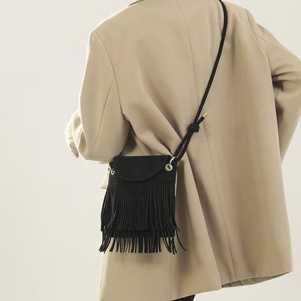 2025 New Trendy Niche Design Tassel Phone Bag for Women, Single Shoulder Crossbody Small Square Bag, Retro Hong Kong Style Suede Bag