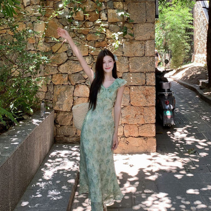 Green Ruffled Floral Dress Summer 2025 Seaside Vacation Wear Long Dress Summer Beautiful Little Skirt