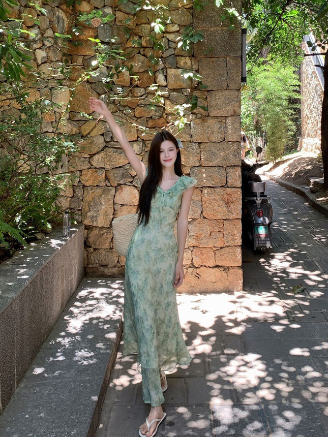 Green Ruffled Floral Dress Summer 2025 Seaside Vacation Wear Long Dress Summer Beautiful Little Skirt