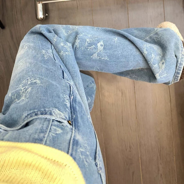 Vintage Butterfly Jacquard Straight-Leg Jeans for Women 2025 Autumn New Petite High-Waisted Floor-Length Pants