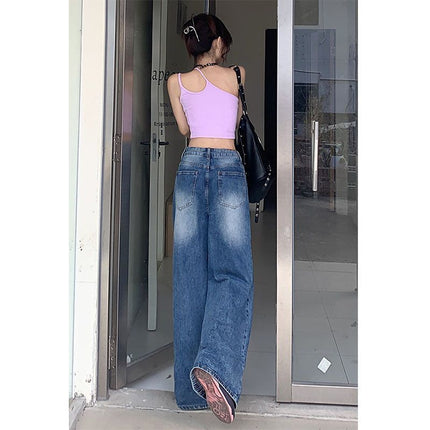Drawstring Design Jeans Retro Distressed Women's Tall 2025 Loose Slimming Wide-Leg Pants Drape Floor-Length Pants