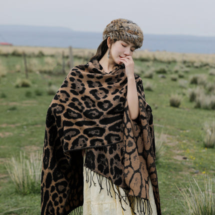 Leopard Split Towel Warm Tassel Shawl Thickened Xizang Northwest Desert Windproof Cape Women's Travel
