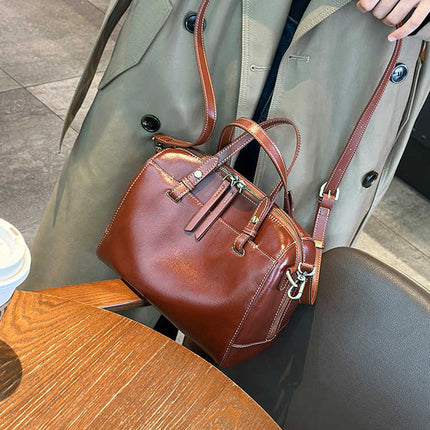 Elegant Women's New Genuine Leather Boston Pillow Bag Women's Crossbody Bag Texted Western Style Vegetable Tanning Top Layer Cowhide Women's Bag