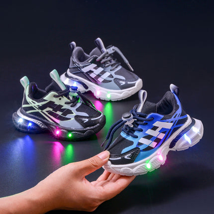 Boys' Breathable Luminous Sports Double Mesh Shoes 2024 Spring and Autumn New Children's Letters Casual LED Lighting Running Shoes