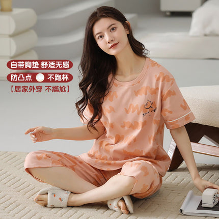 Pajamas Women's Summer Short-sleeved Knitted Cotton Wear-free Bra with Chest Pad Can be Wearing Outer-wear Anti-sudden Sleeping Beauty-making Home Wear Casual Wear