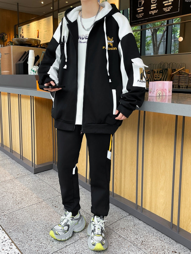 Velvet Thickeneded Sweatshirt Set Autumn and Winter New Youth Cardigan Casual Trendy Handsome Student Sports Two-Piece Set