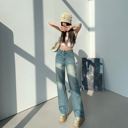 Washed Vintage High Waist Jeans Women's 2025 Spring New Loose Dipped Slim Look Narrow Straight Wide Leg Pants