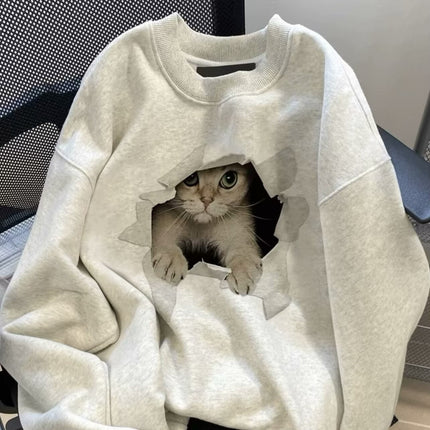 Lazy Style Cat Casual Long-sleeved fleece-lined Sweat Women's Autumn and Winter Loose Design Niche Couple's Crewneck Top