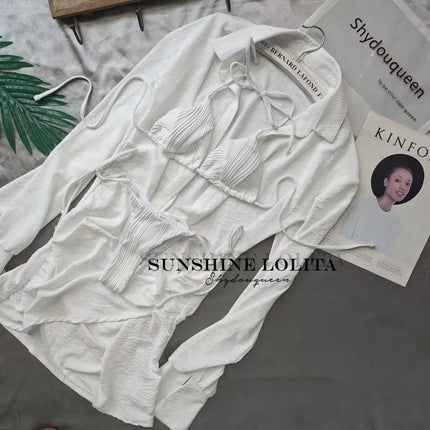 European and American long-sleeved elegant pleated slimming women's shirt skirt dress short skirt waist V-neck bikini three-piece suit