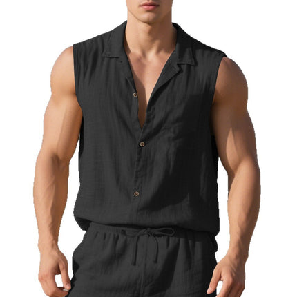 Cross-Border Amazon European and American Men's New Summer Products New Loose Linen Simple Casual Sleeveless Beach Shirt