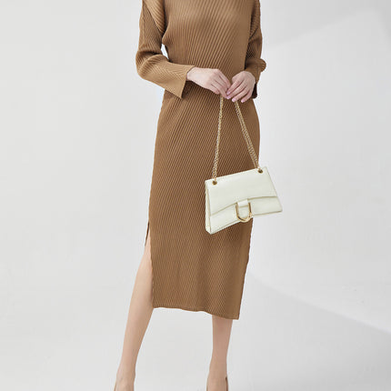 Early Autumn Women's Loose Long-sleeved All-match Fish-scale Pleated Miyake dress Western-style High-end Long Dress Elegant Base Dress