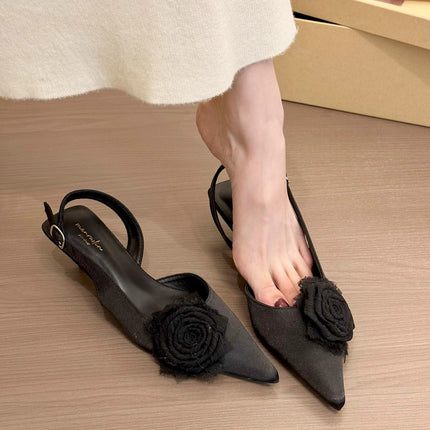 Fairy green roses! Gentle Satin Rose Puffed Head Empty Sandals Women's 2025 Spring and Summer New Style Thin Heeled Single-layer Shoes