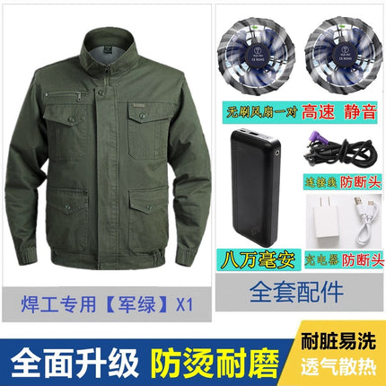 Summer Pure Cotton Anti-Scald Welding Worker Air-Conditioning Suit, Heat-Resistant Cooling Fan Clothing, Construction Site Labor Protection Workwear