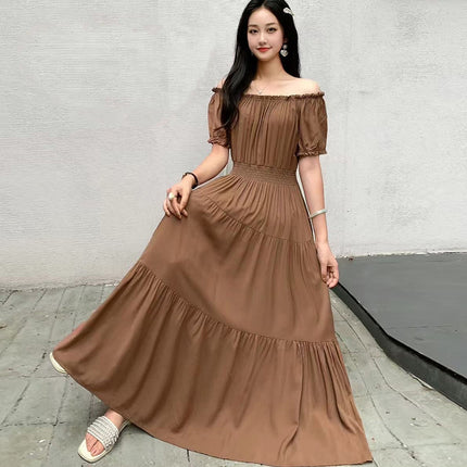 Cross-border cotton silk clear color off-shoulder dress Southeast Asian elastic waist beach skirt Bohemian long skirt