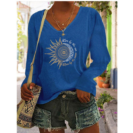2023 European and American Amazon independent station wish autumn and winter new hot selling women's printed V-neck long sleeve loose T-shirt for women