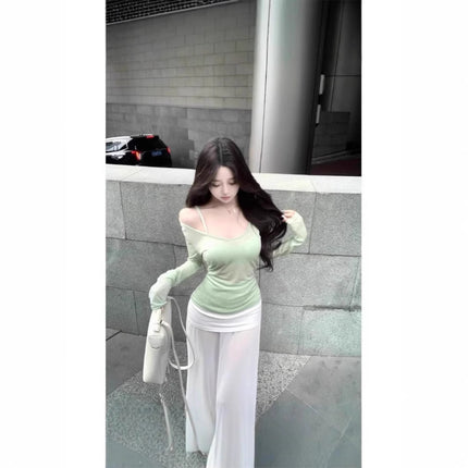 Pure Green Shoulder Long-sleeved T-shirt Women's Spring Thin Slim-fit Blouse Top Stacked with Sling Two-piece Set