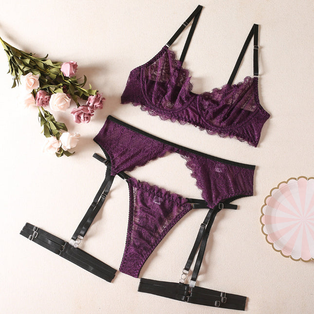 European and American cross-border new sexy underwear fashion women's lace ribbon steel ring leg strap bra suit four-piece set