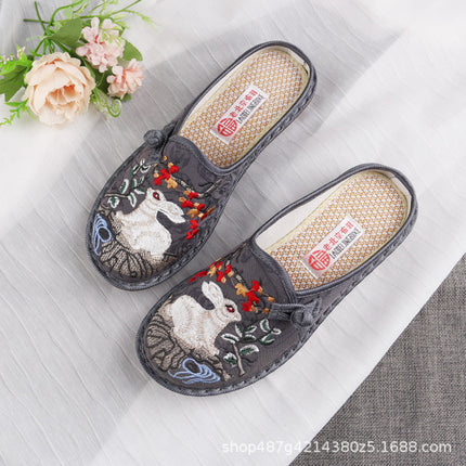 Women's Fashionable Half-Mop Shoes Spring and Summer Flats Round Toe Shallow Mouth Flats Bottom Ethnic Style Embroidered Shoes Middle-Aged Mother's Shoes