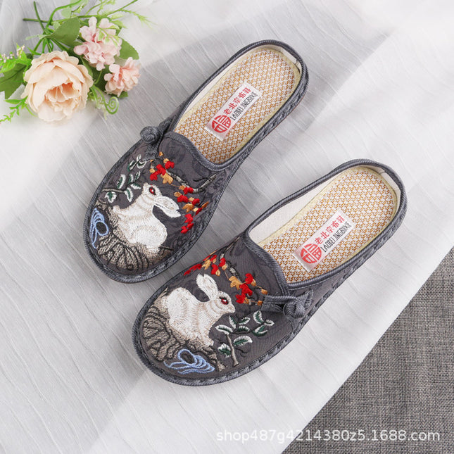 Women's Fashionable Half-Mop Shoes Spring and Summer Flats Round Toe Shallow Mouth Flats Bottom Ethnic Style Embroidered Shoes Middle-Aged Mother's Shoes